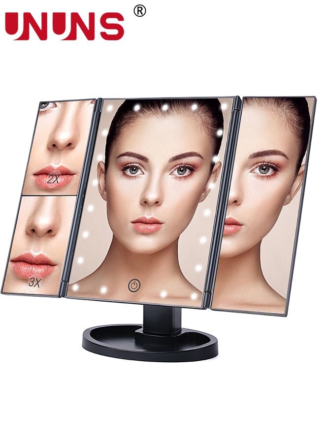 UNUNS مرآة مكياج مع أضواء LED، ومصدر طاقة، وشاشة تعمل باللمس، ومرآة تكبير ثلاثية الطي 1x/2x/3x، هدية للنساء  - Image 1