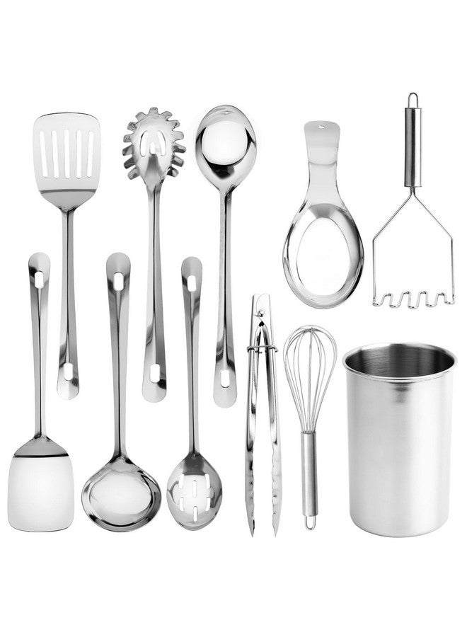 كوك ويذ كولرز مجموعة أدوات مطبخ من كوك ويذ كولور - 10 قطع فاخرة غير لاصقة ومقاومة للحرارة، تتضمن ملعقة تقليب، ملعقة تقديم سباغيتي، ملاعق تقديم، خفاقة، ملقط، هراسة وحامل أدوات، من الفولاذ المقاوم للصدأ - Image 1