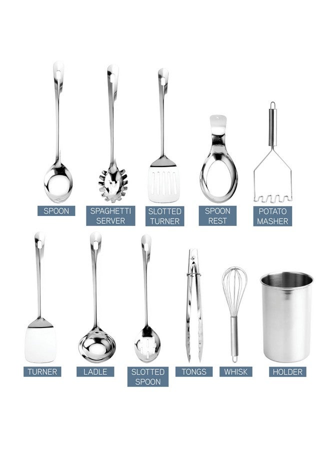 كوك ويذ كولرز مجموعة أدوات مطبخ من كوك ويذ كولور - 10 قطع فاخرة غير لاصقة ومقاومة للحرارة، تتضمن ملعقة تقليب، ملعقة تقديم سباغيتي، ملاعق تقديم، خفاقة، ملقط، هراسة وحامل أدوات، من الفولاذ المقاوم للصدأ - Image 5