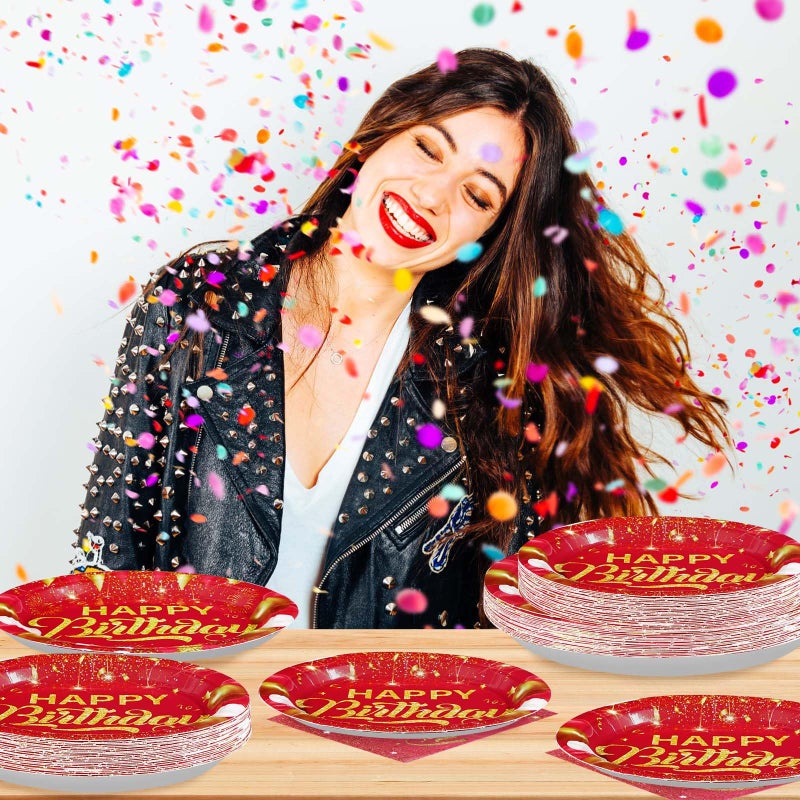 Grencian 96PCS Red and Gold Happy Birthday Decorations Red Gold Party Plates and Napkins Disposable Paper Tableware Set for Birthday Chinese New Year Wedding Party Supplies, Serves 24 - Image 2