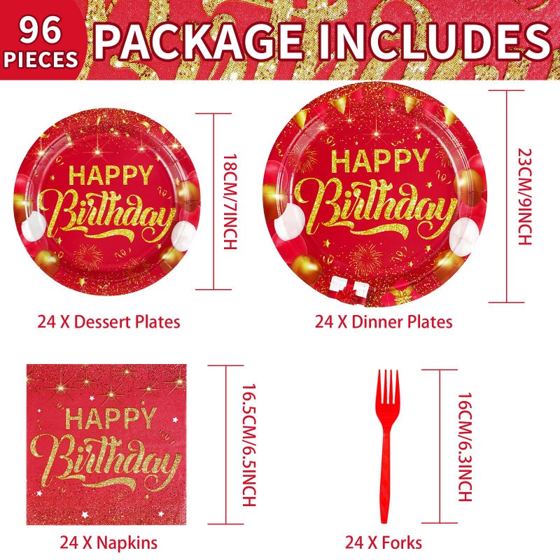 Grencian 96PCS Red and Gold Happy Birthday Decorations Red Gold Party Plates and Napkins Disposable Paper Tableware Set for Birthday Chinese New Year Wedding Party Supplies, Serves 24 - Image 4