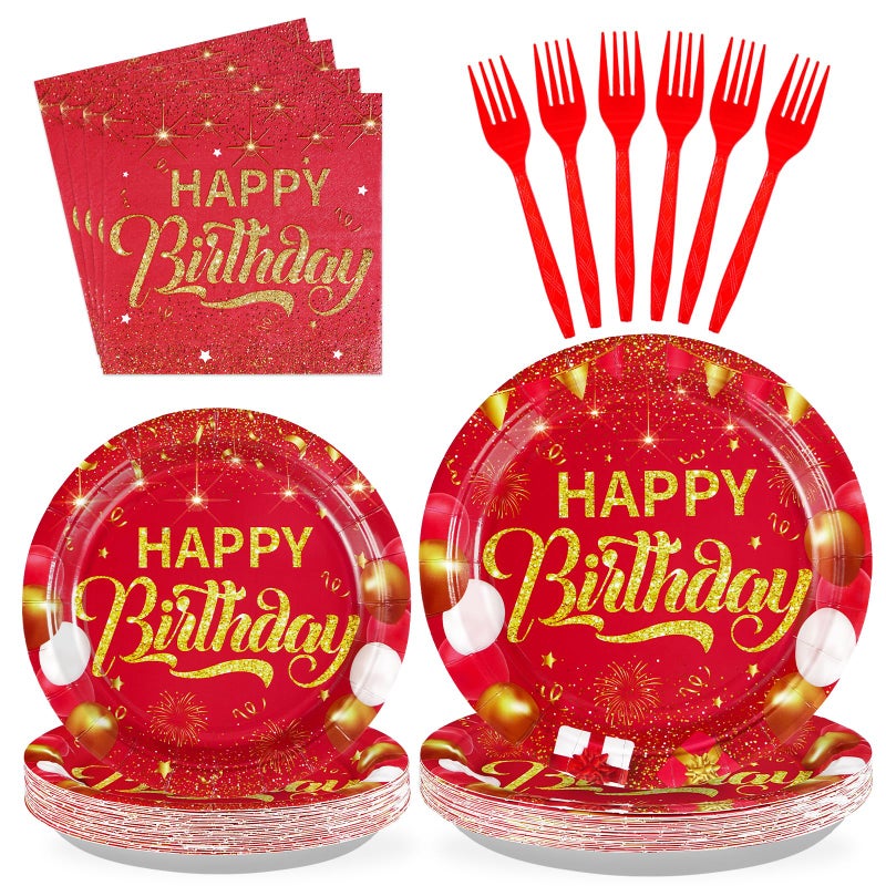 Grencian 96PCS Red and Gold Happy Birthday Decorations Red Gold Party Plates and Napkins Disposable Paper Tableware Set for Birthday Chinese New Year Wedding Party Supplies, Serves 24 - Image 1