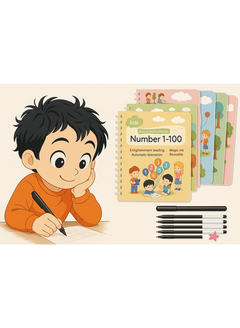 FABTEX Magic Ink Copybooks for Kids Reusable Handwriting Workbooks for Preschools Grooves Template Design and Handwriting Aid Magic Practice Copybook for Kids The Print Writing (4 Books with Pens) - Image 1
