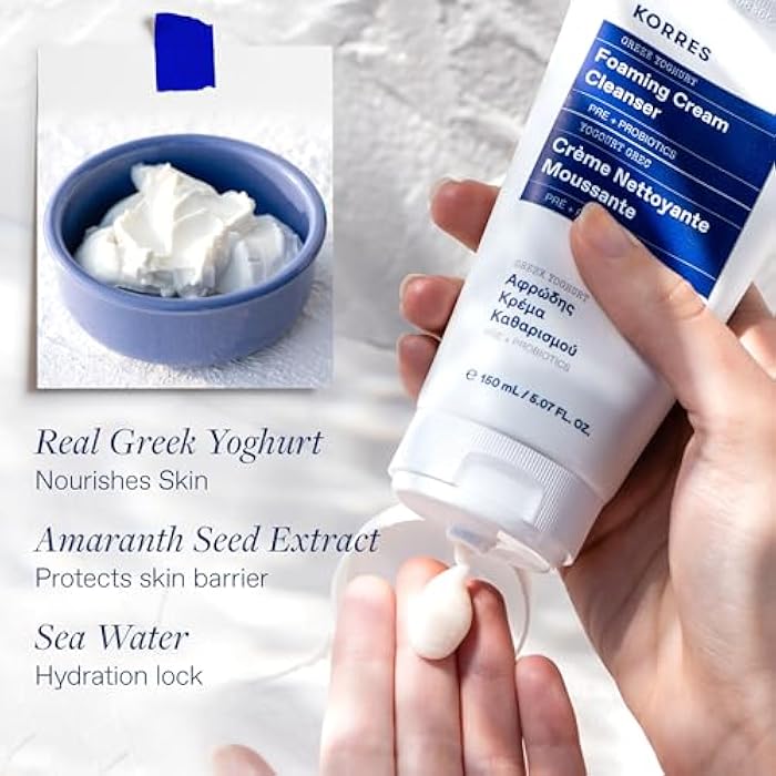 KORRES Greek Yoghurt Foaming Cream Cleanser, Hydrating, Deep Cleansing Skin Care, Makeup Remover, Face Wash for Women, Cream to Foam Facial Cleanser for Dry, Oily, Sensitive, Any Skin Type, 5.07 fl oz - Image 3