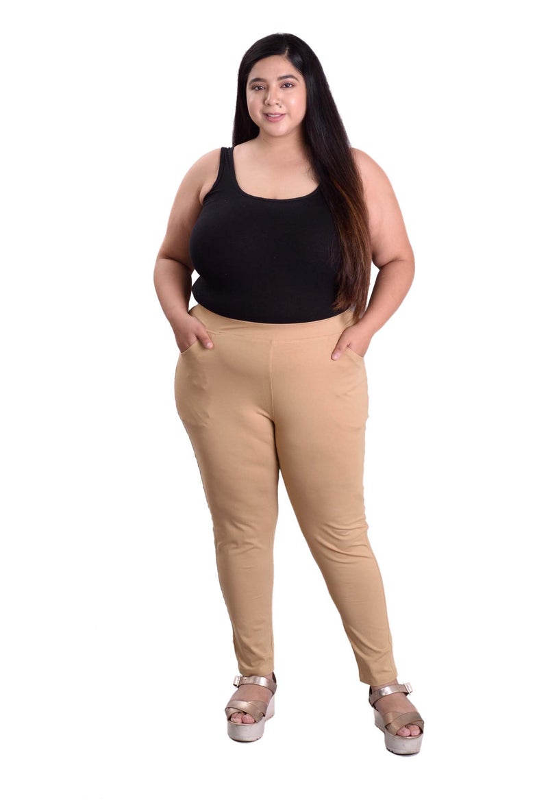 Keepfit Cotton Spandex Slim fit Ankle Length Plus Size Pocket Leggings for Women & Girls Beige - Image 1