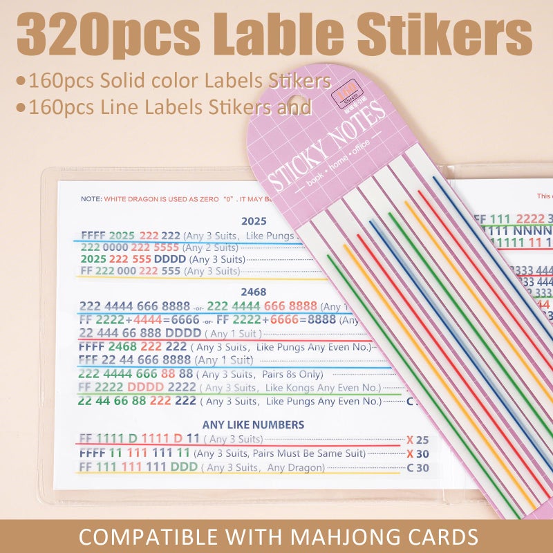 linastu 320 pcs Mahjong Card Line Finder Highlighter Tape, Mahjong Line Highlighter Stripe, Transparent Sticky Card Markers Tabs, Mahjong Game Rule Reader, Reusable & No Adhesive Residue (Solid color + Lines) - Image 2
