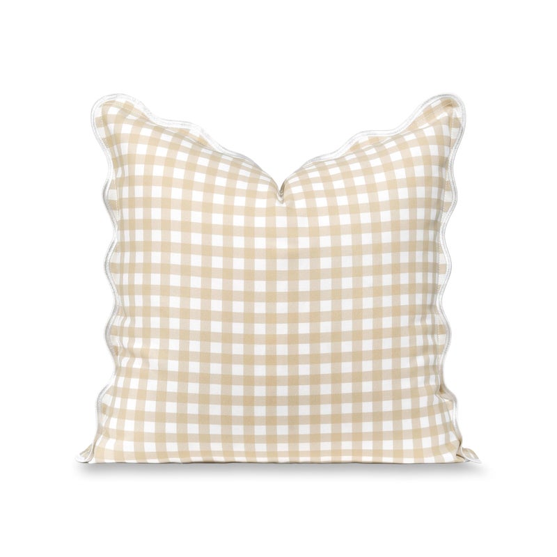 Hofdeco Premium Coastal Hampton Scalloped Patio Indoor Outdoor Throw Pillow Cover Only 20x20 Water Repellent for Backyard Couch Poolside Neutral Tan Print Gingham - Image 2