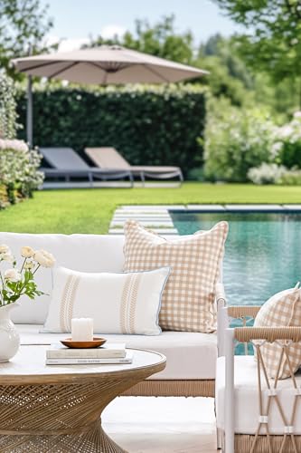Hofdeco Premium Coastal Hampton Scalloped Patio Indoor Outdoor Throw Pillow Cover Only 20x20 Water Repellent for Backyard Couch Poolside Neutral Tan Print Gingham - Image 3