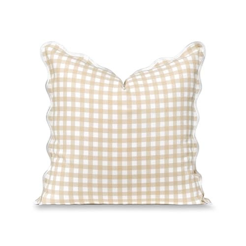 Hofdeco Premium Coastal Hampton Scalloped Patio Indoor Outdoor Throw Pillow Cover Only 20x20 Water Repellent for Backyard Couch Poolside Neutral Tan Print Gingham - Image 1
