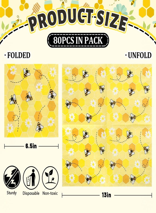 Whaline Bee Paper Napkins 6.5 x 6.5 Inch Bumblebee Daisies Print Disposable Luncheon Napkins Yellow Honeycomb Lunch Napkins for World Bee Day Spring Summer Dinner Buffet Tableware Supplies, 80 Pack - Image 2