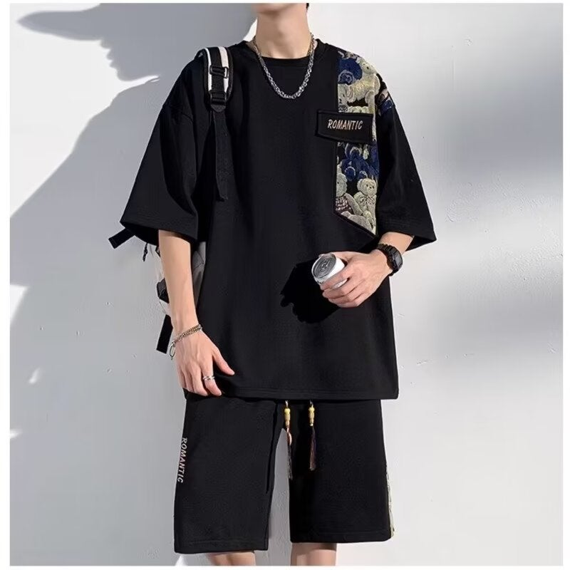 National Fashion suit Mens Summer Fashion Brand Stitching Chinese Style Two-piece Set Loose Casual plus size Short-sleeved Bear Short Pants TZ03 Green - Image 2