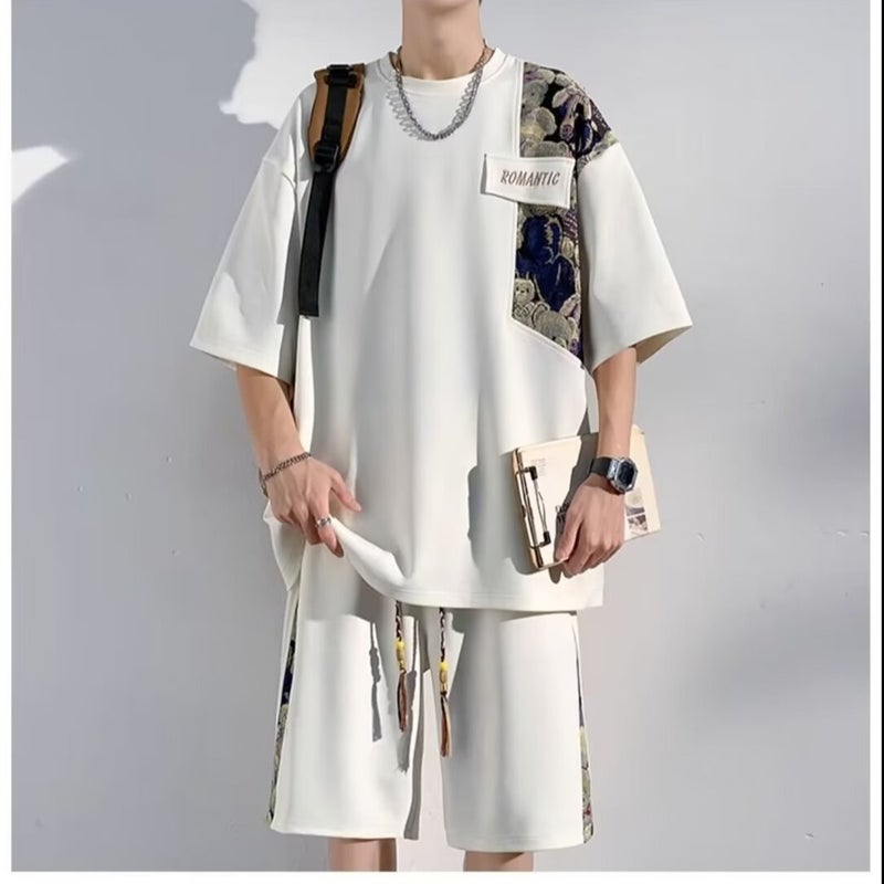 National Fashion suit Mens Summer Fashion Brand Stitching Chinese Style Two-piece Set Loose Casual plus size Short-sleeved Bear Short Pants TZ03 Green - Image 4
