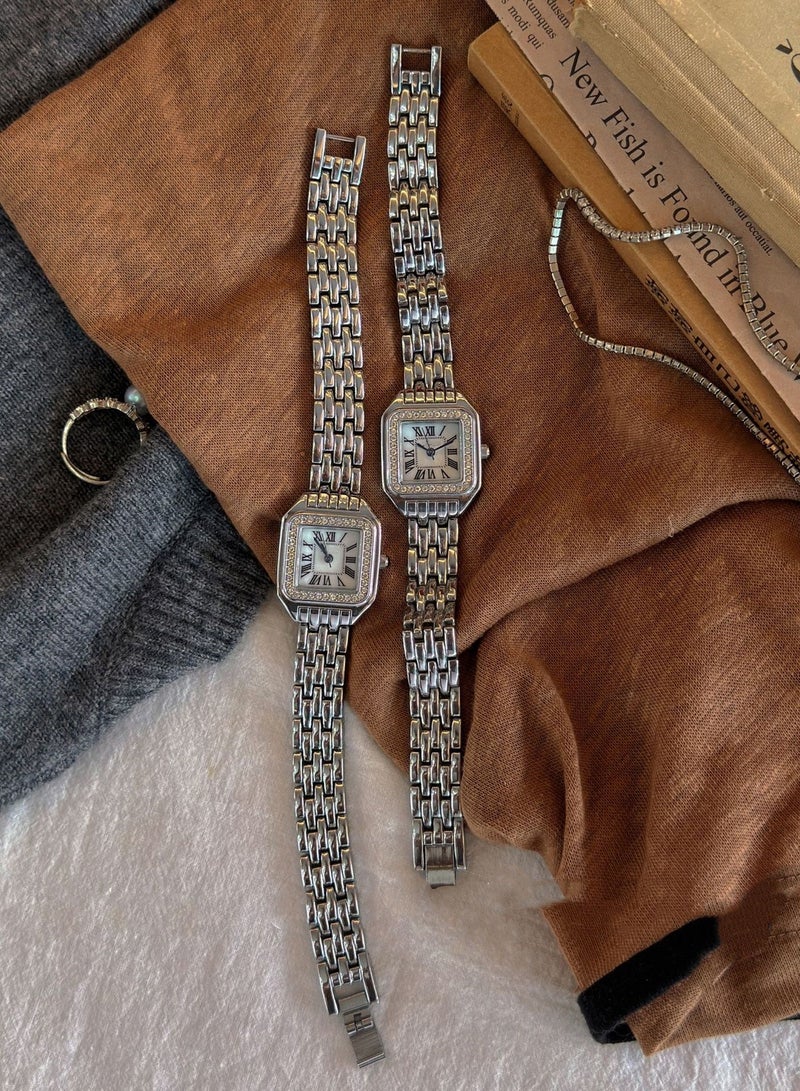 Women's Square Silver Strap with Zircon Surrounding White Quartz Dial Trendy Waterproof Elegant Watch - Image 3
