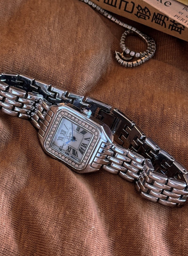 Women's Square Silver Strap with Zircon Surrounding White Quartz Dial Trendy Waterproof Elegant Watch - Image 4