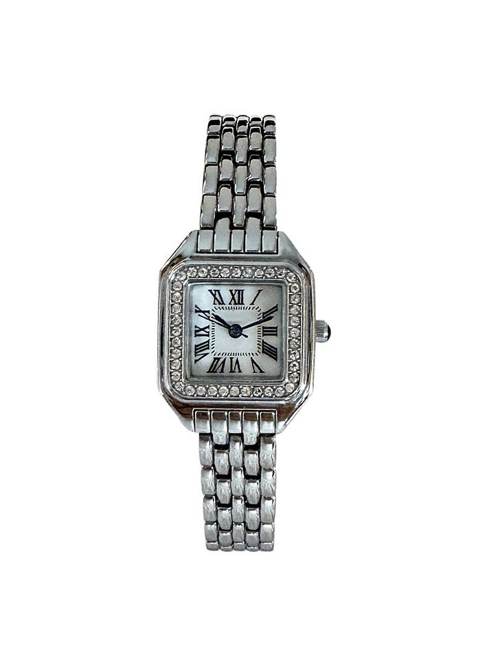 Women's Square Silver Strap with Zircon Surrounding White Quartz Dial Trendy Waterproof Elegant Watch - Image 2
