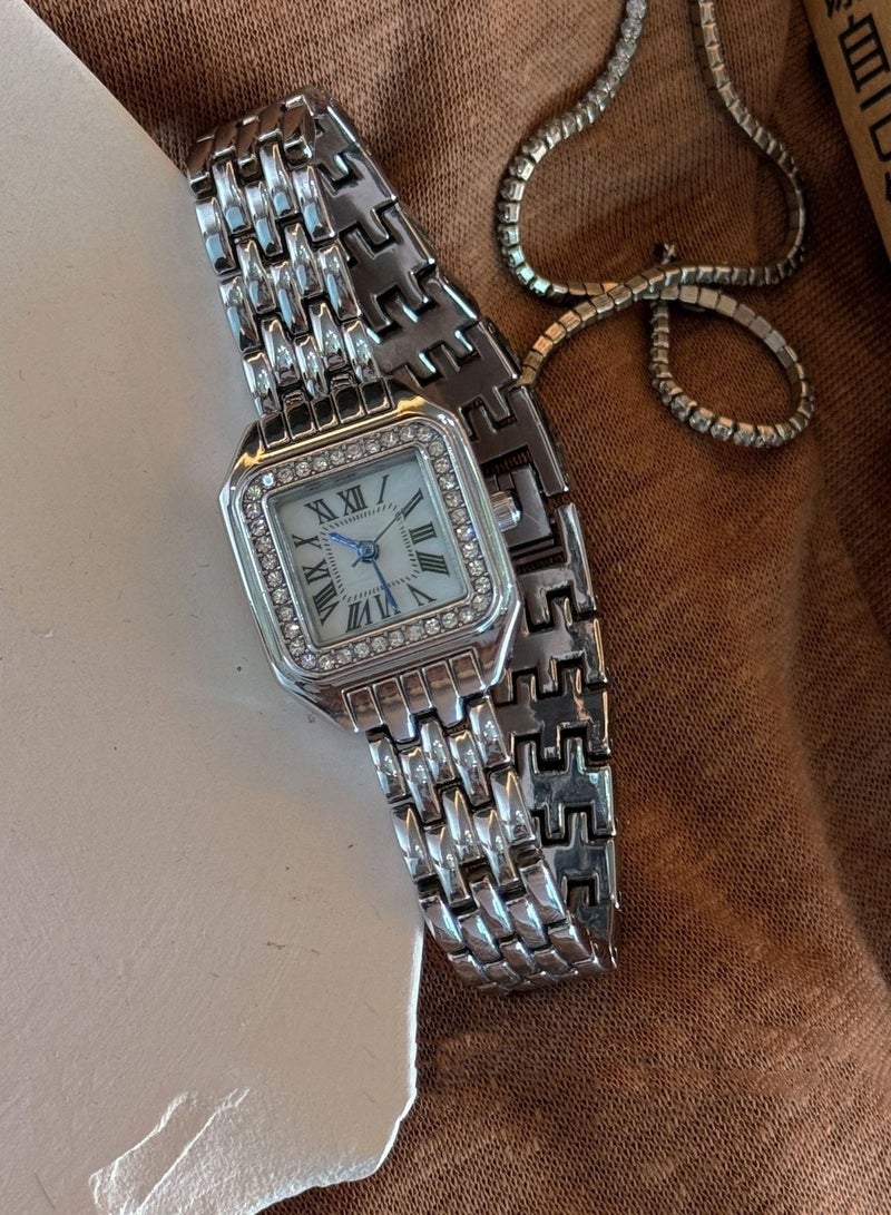 Women's Square Silver Strap with Zircon Surrounding White Quartz Dial Trendy Waterproof Elegant Watch - Image 1