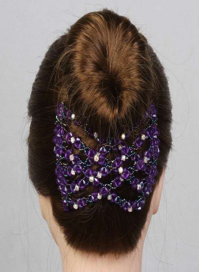 Lovef Crystal Bow Elastic Double Combs with Plastic Flowers Hair Clips, Hair Holder/Easy Comb (Purple) - Image 3