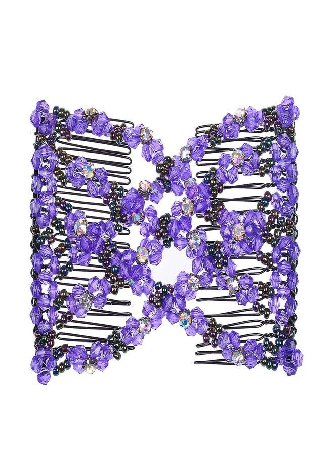Lovef Crystal Bow Elastic Double Combs with Plastic Flowers Hair Clips, Hair Holder/Easy Comb (Purple) - Image 1