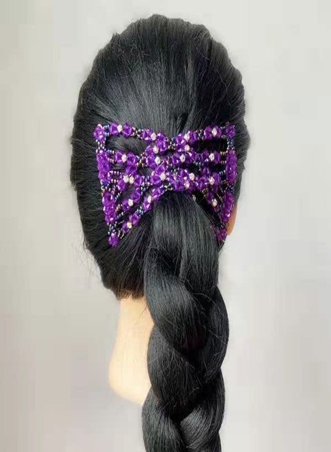 Lovef Crystal Bow Elastic Double Combs with Plastic Flowers Hair Clips, Hair Holder/Easy Comb (Purple) - Image 2