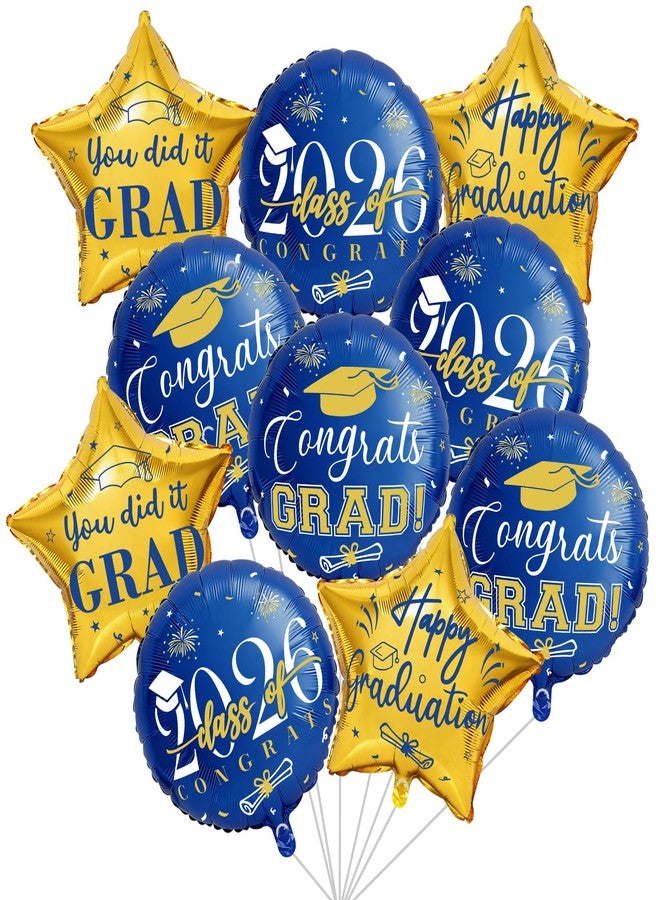 CUPLOOV Graduation Balloons Class of 2026, 10Pcs 18" Blue Gold Congrats Grad Round Foil Balloons with 19" Star Mylar Balloons Grad Party Decorations Supplies for College High School - Image 1