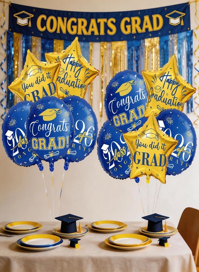 CUPLOOV Graduation Balloons Class of 2026, 10Pcs 18" Blue Gold Congrats Grad Round Foil Balloons with 19" Star Mylar Balloons Grad Party Decorations Supplies for College High School - Image 2