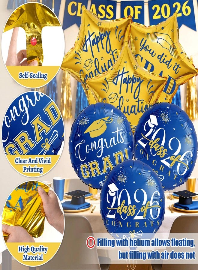 CUPLOOV Graduation Balloons Class of 2026, 10Pcs 18" Blue Gold Congrats Grad Round Foil Balloons with 19" Star Mylar Balloons Grad Party Decorations Supplies for College High School - Image 4
