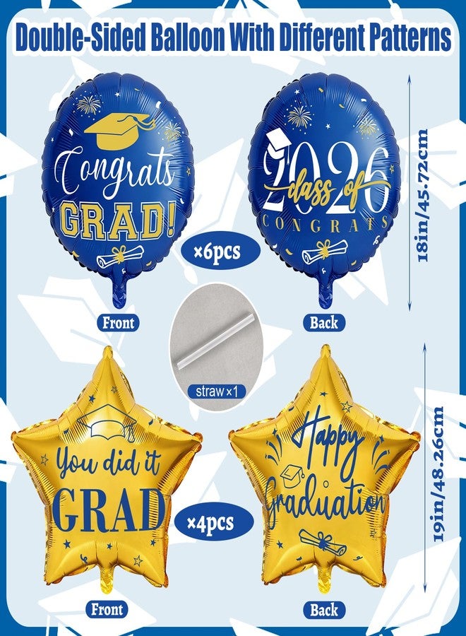 CUPLOOV Graduation Balloons Class of 2026, 10Pcs 18" Blue Gold Congrats Grad Round Foil Balloons with 19" Star Mylar Balloons Grad Party Decorations Supplies for College High School - Image 3