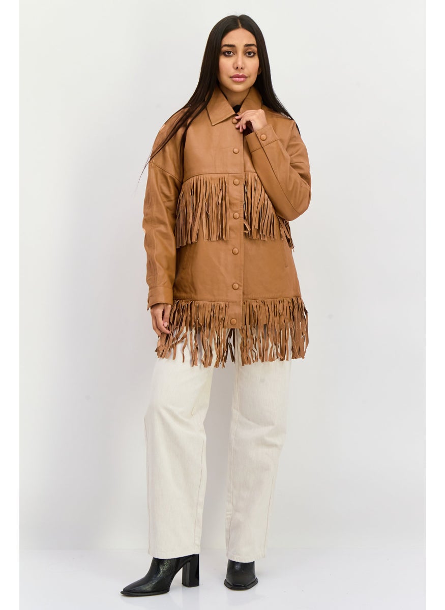 Barneys Originals - Women Faux Leather Jacket Shirt, Tan - Image 1