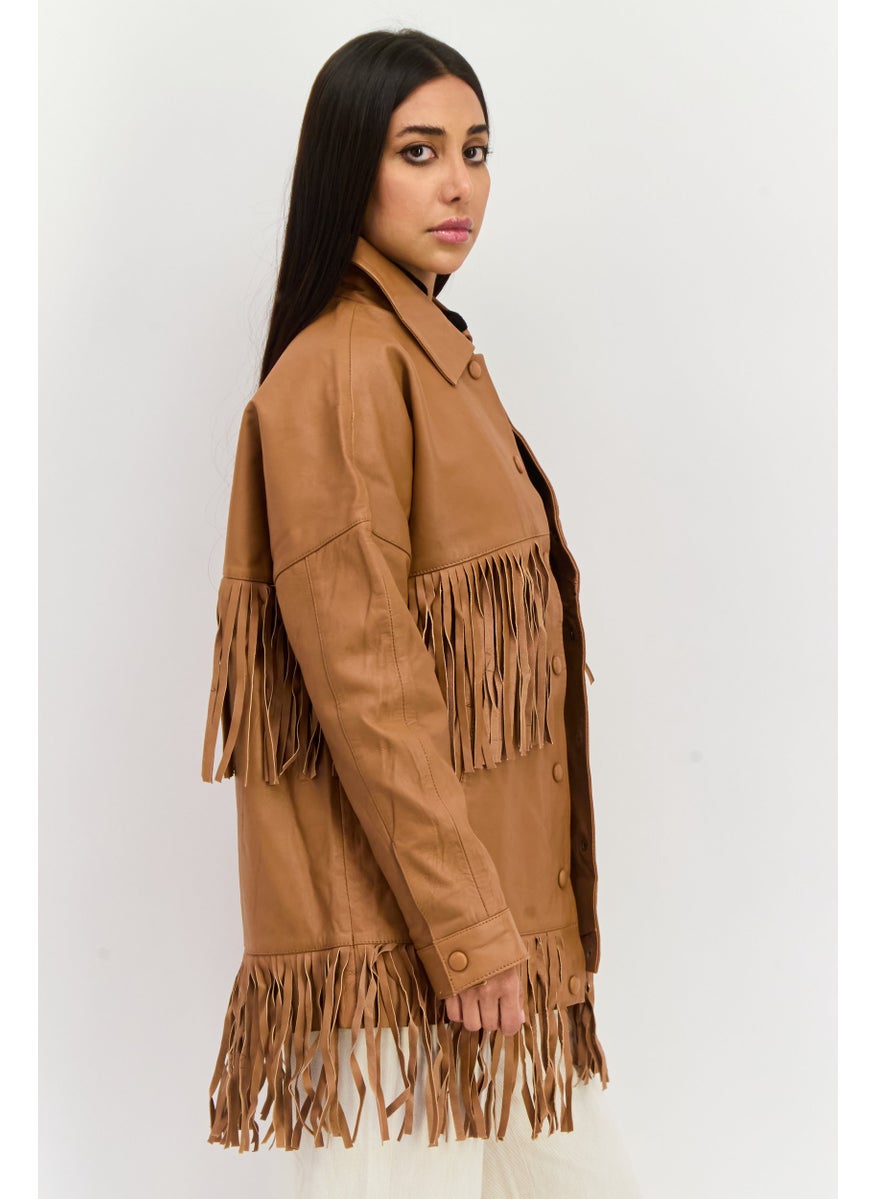 Barneys Originals - Women Faux Leather Jacket Shirt, Tan - Image 1