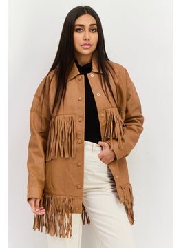 Women Faux Leather Jacket Shirt, Tan