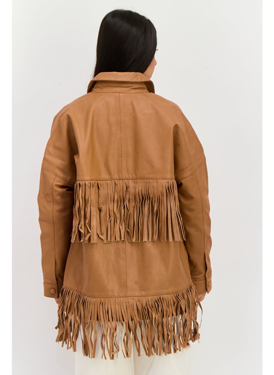 Barneys Originals - Women Faux Leather Jacket Shirt, Tan - Image 1
