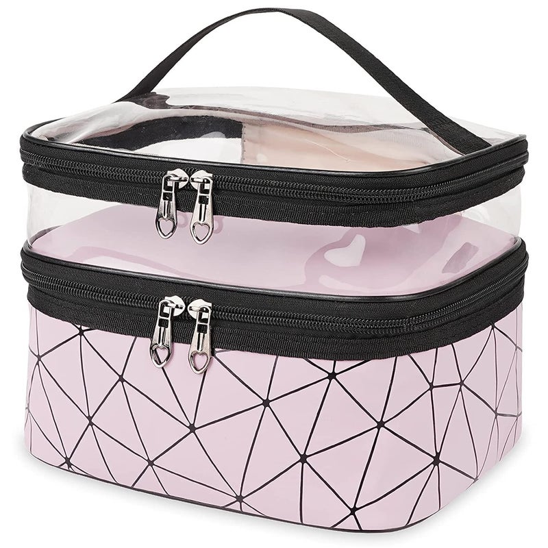 ERHETUS Luxury Double Layer Makeup Pouch for Women | Premium Cosmetic Bag for Girls | Toiletry Pouches Kit with Brush Holder | Travel Wash Bags and inner ware storage organizer - Pink Diamond - Image 1