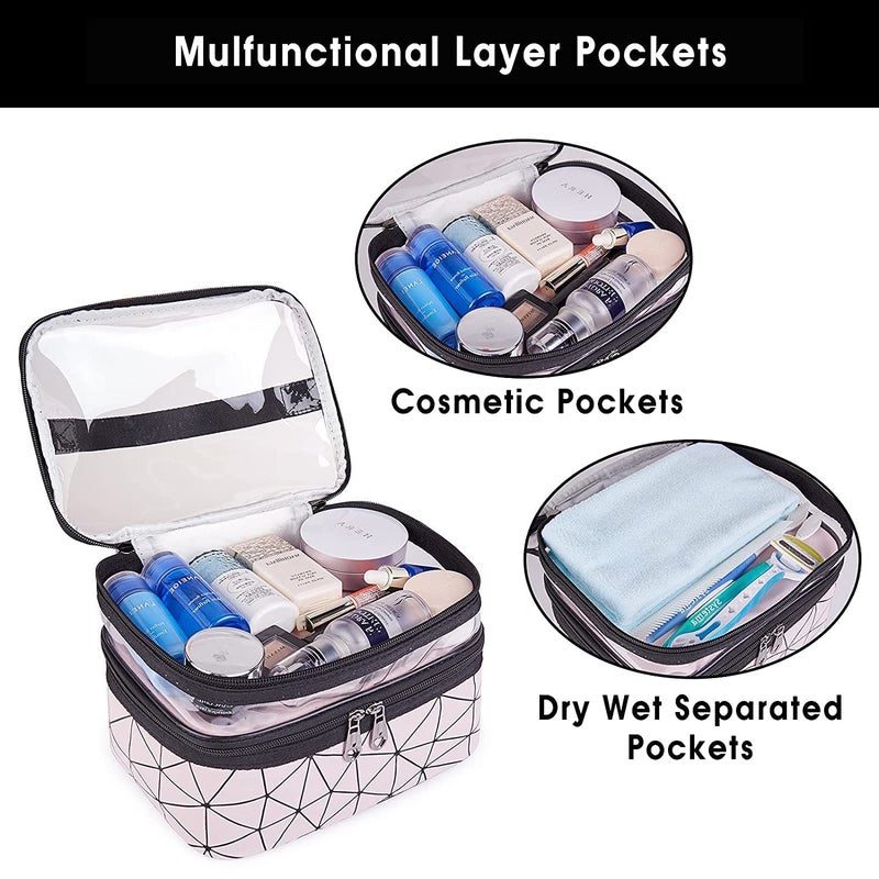 ERHETUS Luxury Double Layer Makeup Pouch for Women | Premium Cosmetic Bag for Girls | Toiletry Pouches Kit with Brush Holder | Travel Wash Bags and inner ware storage organizer - Pink Diamond - Image 2
