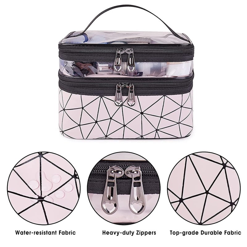 ERHETUS Luxury Double Layer Makeup Pouch for Women | Premium Cosmetic Bag for Girls | Toiletry Pouches Kit with Brush Holder | Travel Wash Bags and inner ware storage organizer - Pink Diamond - Image 5
