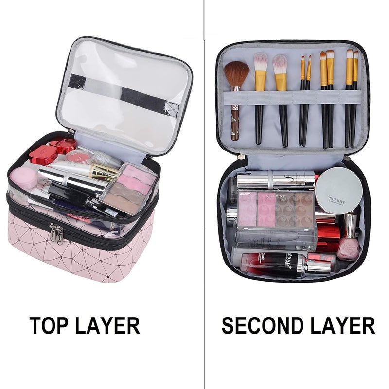 ERHETUS Luxury Double Layer Makeup Pouch for Women | Premium Cosmetic Bag for Girls | Toiletry Pouches Kit with Brush Holder | Travel Wash Bags and inner ware storage organizer - Pink Diamond - Image 3