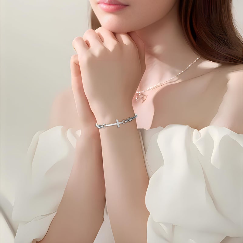 DS Religious Gift for Her Christian Cross Bracelet Bible Verse God is Within Her She Will Not Fall Inspirational Bracelets For Women Stainless Steel Jewelry Gift To Daughter Best Friend (Silver 2) - Image 4