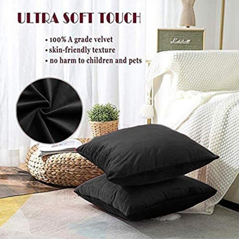 مجموعة وسائد زخرفية مربعة من 5 قطع منزلية بتغطية من المخمل الناعم تصميم صلب - 45×45 سم - أسود - Image 4