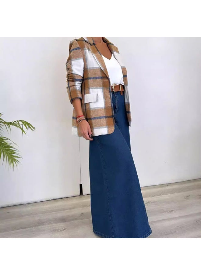 Women's Wear Autumn Winter Fashion Simple Casual Notched Lapel Single-Breasted Check Wool Blend Coat - Image 4