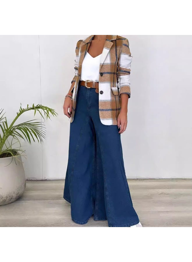 Women's Wear Autumn Winter Fashion Simple Casual Notched Lapel Single-Breasted Check Wool Blend Coat - Image 2
