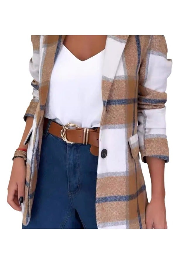 Women's Wear Autumn Winter Fashion Simple Casual Notched Lapel Single-Breasted Check Wool Blend Coat - Image 5