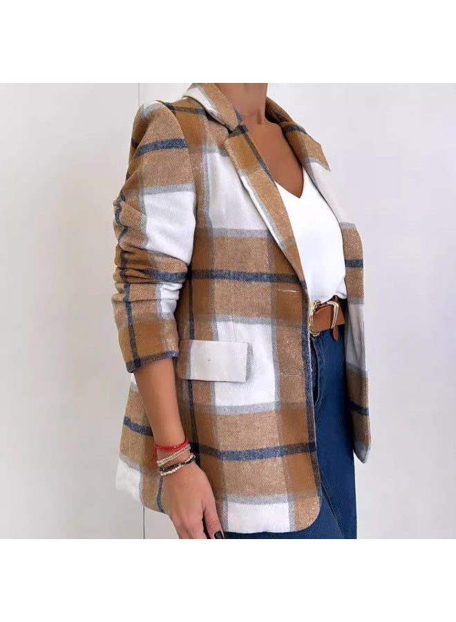 Women's Wear Autumn Winter Fashion Simple Casual Notched Lapel Single-Breasted Check Wool Blend Coat - Image 3