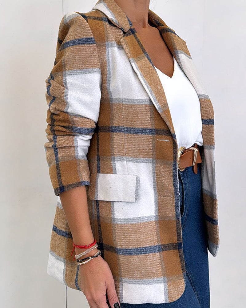 Women's Wear Autumn Winter Fashion Simple Casual Notched Lapel Single-Breasted Check Wool Blend Coat - Image 1