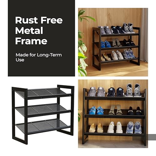 Lifelong Shoe Rack for Home | 3-Tier Multipurpose Storage Wire Mesh Stand| Ideal for 9 Shoe Pairs|Space Saving Organiser for All Footwear Like Slippers & Sneakers |Durable with Metal Finish - Black - Image 2