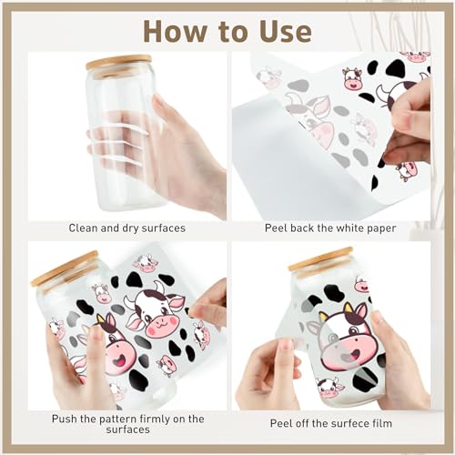 CRASHOT UV DTF Cup Wrap Sticker - 8 Sheets Cute Cow Theme UV DTF Transfer Sticker for Glass, Cow Print, Daisy, Strawberry Design Rub on Transfer, Creative Gifts for Friends, Kids, Students - Image 4