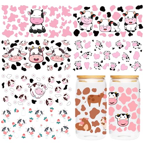 CRASHOT UV DTF Cup Wrap Sticker - 8 Sheets Cute Cow Theme UV DTF Transfer Sticker for Glass, Cow Print, Daisy, Strawberry Design Rub on Transfer, Creative Gifts for Friends, Kids, Students - Image 1