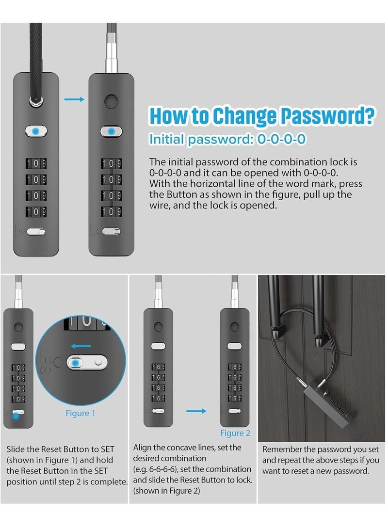 Combination Lock Cable Security Steel Cable Luggage Lock Weatherproof with Resettable Code, Braided Steel Coated Anti-Theft Cable Lock, Luggage Suitcase Gun Case Toolbox Helmet Gray 2.3Feet 5 mm - Image 5