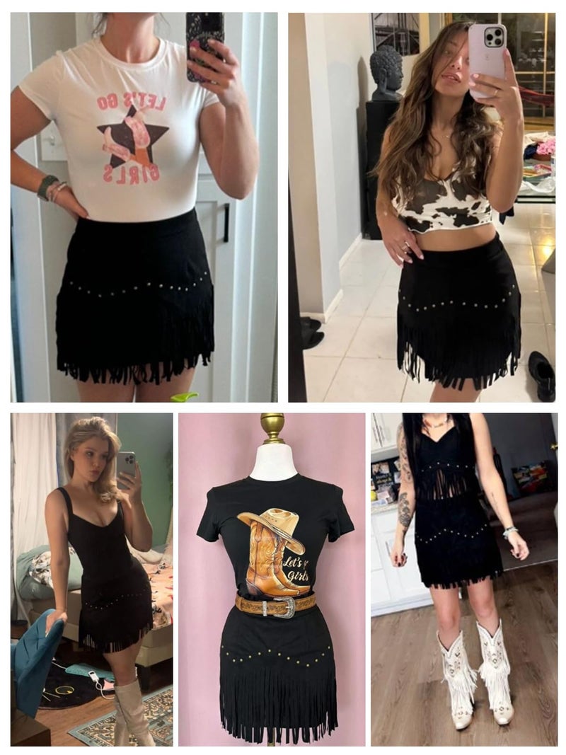 Breoklla Western Skirts for Women Fringe Mini Faux Suede Cowgirl Skirt for Country Concert Rodeo Outfit Rave Festival (2503B,Black,M) - Image 2