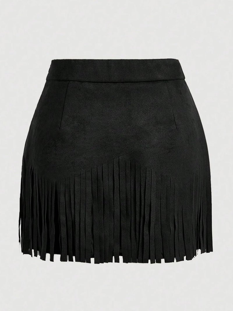 Breoklla Western Skirts for Women Fringe Mini Faux Suede Cowgirl Skirt for Country Concert Rodeo Outfit Rave Festival (2503B,Black,M) - Image 3