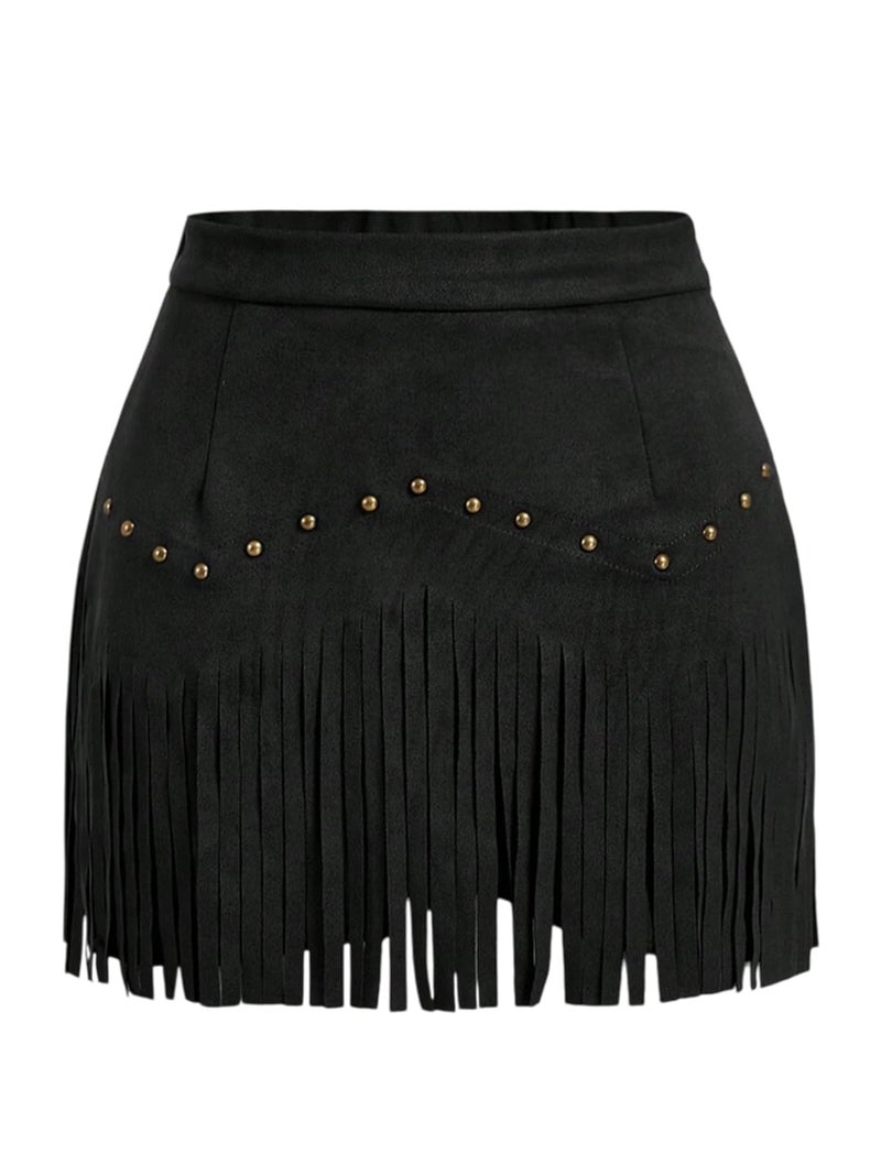 Breoklla Western Skirts for Women Fringe Mini Faux Suede Cowgirl Skirt for Country Concert Rodeo Outfit Rave Festival (2503B,Black,M) - Image 1