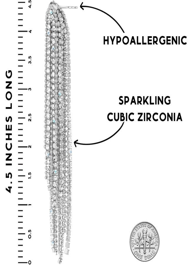 هامبل شيك نيويورك أقراط هامبل شيك مرصعة بالألماس الصناعي - أقراط متدلية كبيرة الحجم بتصميم شلال مزين بشرابة من الزركونيا المكعبة، فضية اللون - Image 4